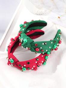 1pc Christmas Knot Faux Pearl Rhinestone Headband, Holiday Party Hair Accessory For Women ,Hair Hair Hoop