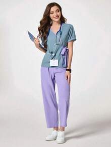 Fashionable Colorblock V-Neck Short Sleeve Multi-Pocket Set, Stylish Outfit For Beauty Salon, Nanny, Maternity Center, Scrub, Casual Lightweight Suit - Mint Blue - View 3