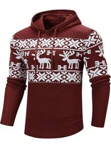 WAIT HIM Men's Casual Christmas Reindeer Pattern Drawstring Hooded Sweater - Burgundy - View 8