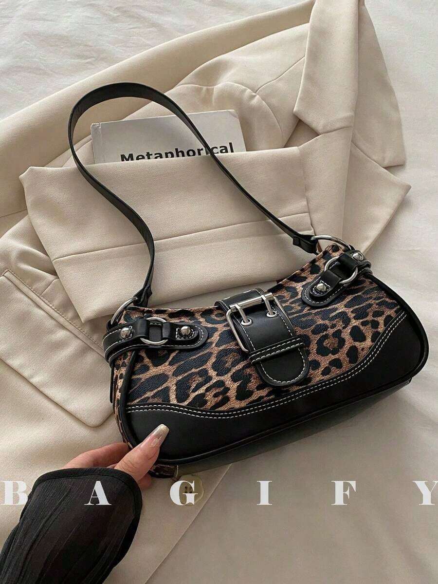 New Fashion Buckle Leopard Print Handbag & Shoulder Bag, Suitable For Parties, Outings, Vacations, Shopping And Daily Use, Can Store Coins, Phones, Also Suitable As A Work Bag For Office Ladies, College Students And Working Women, Elegant Ladies Bag - 咖啡 - 查看 1