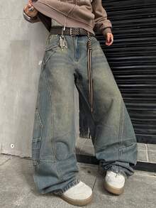 1件复古做旧拼接刺绣阔腿牛仔裤，宽松舒适休闲街头风男士长裤，适合所有季节（不含腰带和配饰） - 藍色 - 查看 6