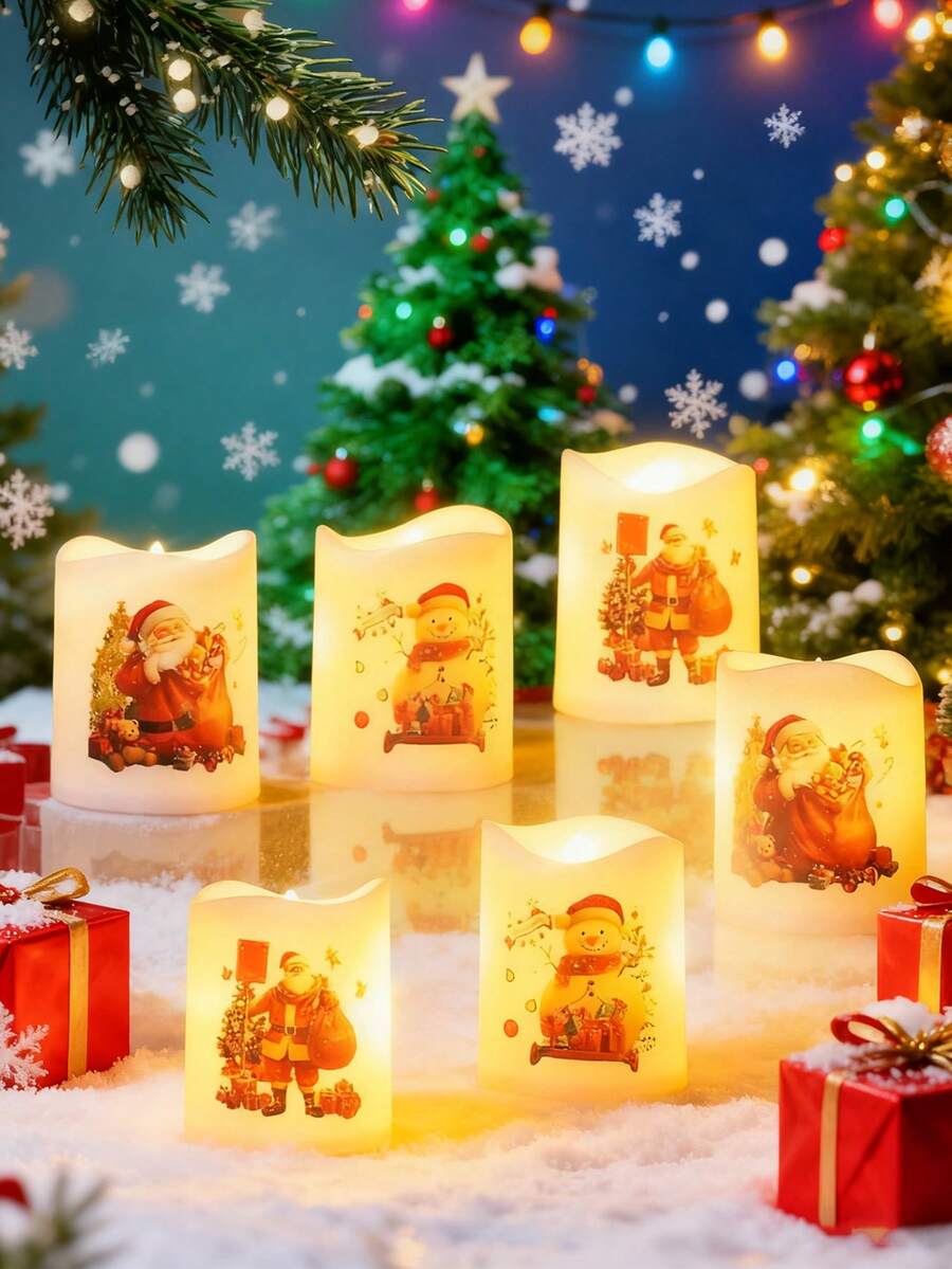 6 piezas - Velas LED sin llama tipo té de Navidad, velas LED parpadeantes, velas votivas sin llama, velas LED parpadeantes a pilas, incluye baterías, de larga duración y durables, con diseños de Papá Noel y muñeco de nieve, velas eléctricas falsas tipo té, velas LED a pilas en blanco cálido, adecuadas para decoración navideña, decoración del hogar interior, decoración de habitaciones, suministros para fiestas, bodas, mesas, decoraciones navideñas