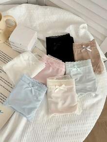 14 Pieces Of Women's Lace Thin Comfortable Cute Underwear - Soft Blended Lace Edge Bow Design, Breathable Solid Color Underwear, Exquisite Bow Decoration, Delicate And Smooth Fabric. - 混合色14件裝 - 查看 2
