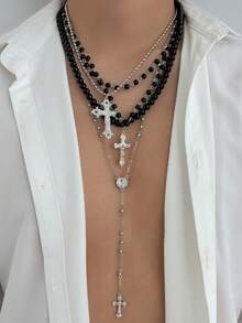 4pcs Vintage Punk Style Metal Cross Pendant Y-Necklace, Men's Hip Hop Fashion Faux Pearl Beaded Multi Layer Necklace Set