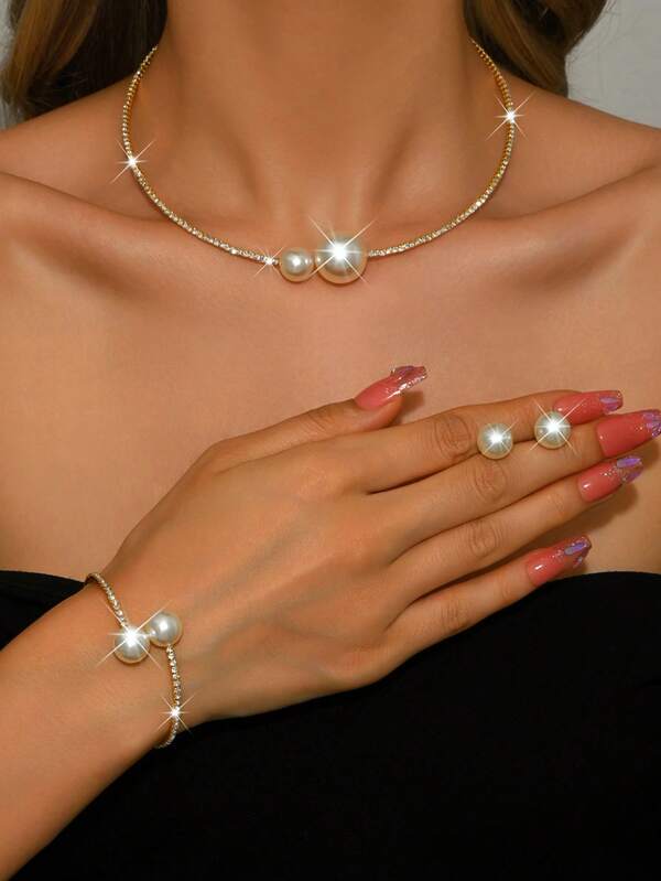 Fashionable Luxury Rhinestone Adjustable Necklace, Bracelet, Earrings Pearl Jewelry Set, Suitable For Daily, Festivals, Gifts, Weddings, Parties