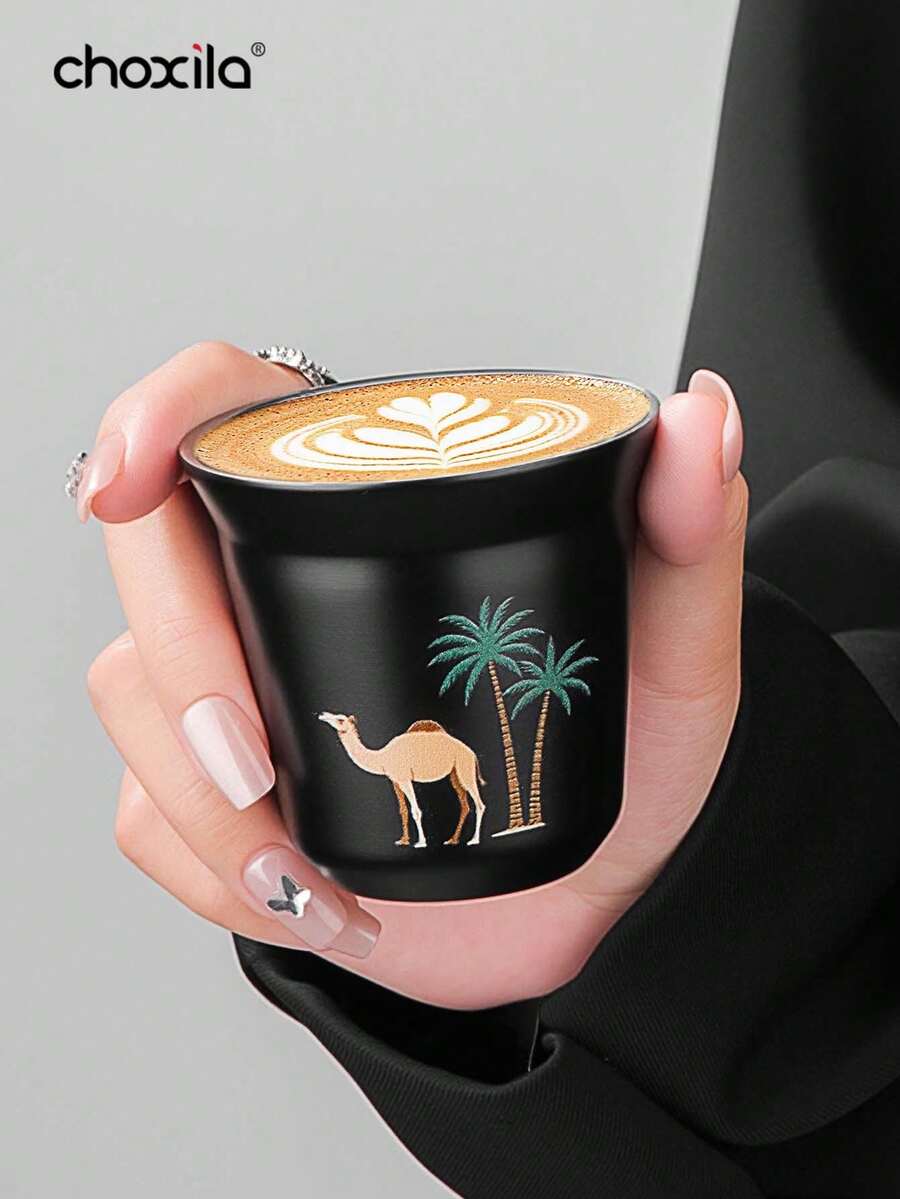 choxila 1 Peça Xícara de Café Isolada de Parede Dupla de Aço Inoxidável de 80ml, Caneca de Café com Padrão de Coqueiro e Camelo, Estilo Árabe Mini Cawa Cup, Xícaras de Espresso, Xícaras de Chá, Xícaras Demitasse, Xícaras de Café Espresso Resistentes ao Calor para Casa, Cafeteria, Loja de Sobremesas, Ideal para Festa, Viagem, Acampamento, Presentes de Ramadã - Xícara - Visão 1