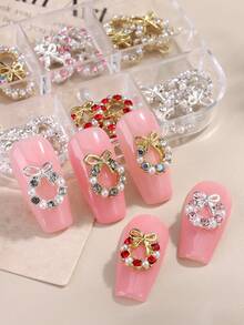 Decoraciones de arte de uñas de corona de Navidad de aleación 3D, decoraciones de arte de uñas de lazo de corona de Navidad, joyería de uñas de rhinestone para decoración de arte de uñas de corona de Navidad