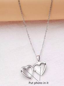 1pc Fashion Stainless Steel Heart Photo Frame Box Pendant Necklace For Women For Daily Decoration Valentines,Mom,Mother,Mother's Day,Gift - Bạc - Xem 2