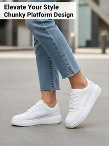 Women's Casual Sneakers, White, Non-Slip Soft Sole, Lightweight, White Shoes, Couple Style, Platform, Round Toe Lace-Up, Available In Plus Size 43-45