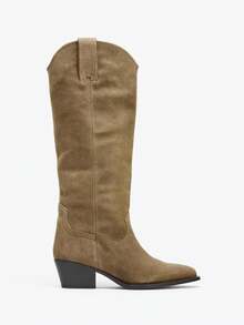 Fall/Winter New High Heel Pointed Toe Tall Boots, Women's Deep Brown Wide Shaft Riding Boots, Tall Straight Shaft Vintage Style,Cowboy Boots - Khaki - View 3