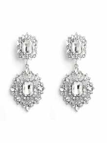 1 Đôi bông tai mặt dây chuyền đá quý Rhinestone cổ điển sang trọng, Trang sức dự tiệc dành cho nữ - Mạ bạc - Xem 3
