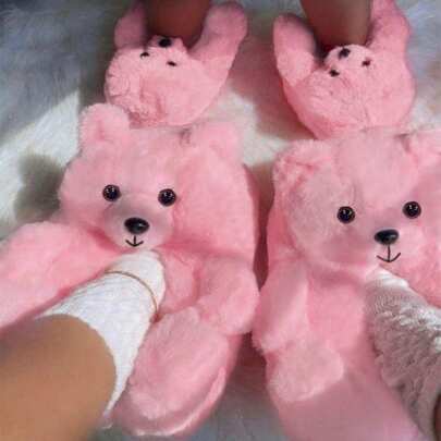 2025 秋冬新款卡通保暖拖鞋，万圣节和圣诞节女士礼物，可爱毛绒温暖舒适轻便防滑厚底，柔软老公熊室内冬季鞋，情侣款，粉色