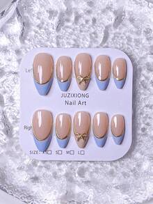10pcs Handmade French Short Nail Stickers. This Nail Art Set Includes 5 Colors: White, Pink, Gold, Blue, And Yellow, With A Charming And Adorable Design. Each Nail Sticker Is Decorated With Hand-Painted Vine Patterns That Wind Along The Metallic-Feeling French Edges. Nails Nail Supplies Handmade Press On Nails - Blue - View 5