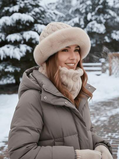 Conjunto de gorro y bufanda de mujer para invierno - Hecho de tela de punto suave y cómoda, este conjunto se puede usar como gorro o bufanda, con adorno de piel sintética y pompones esponjosos.