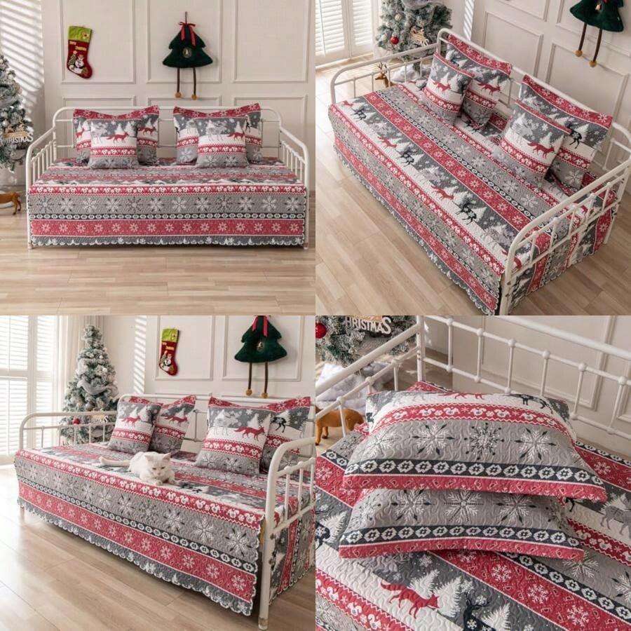 TieyaChkis - Juego de funda de sofá cama de 5 piezas para cama individual, edredón ligero para todas las estaciones, con fundas a juego y almohadas decorativas, funda de cama de doble cara, 39 x 75(Rojo y gris 39"x75") - Tipo 1 - Ver 1