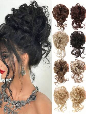Extensiones de cabello con cola, moño rizado desordenado de cabello sintético, chignon con coletero falso para mujeres, en colores marrón y negro