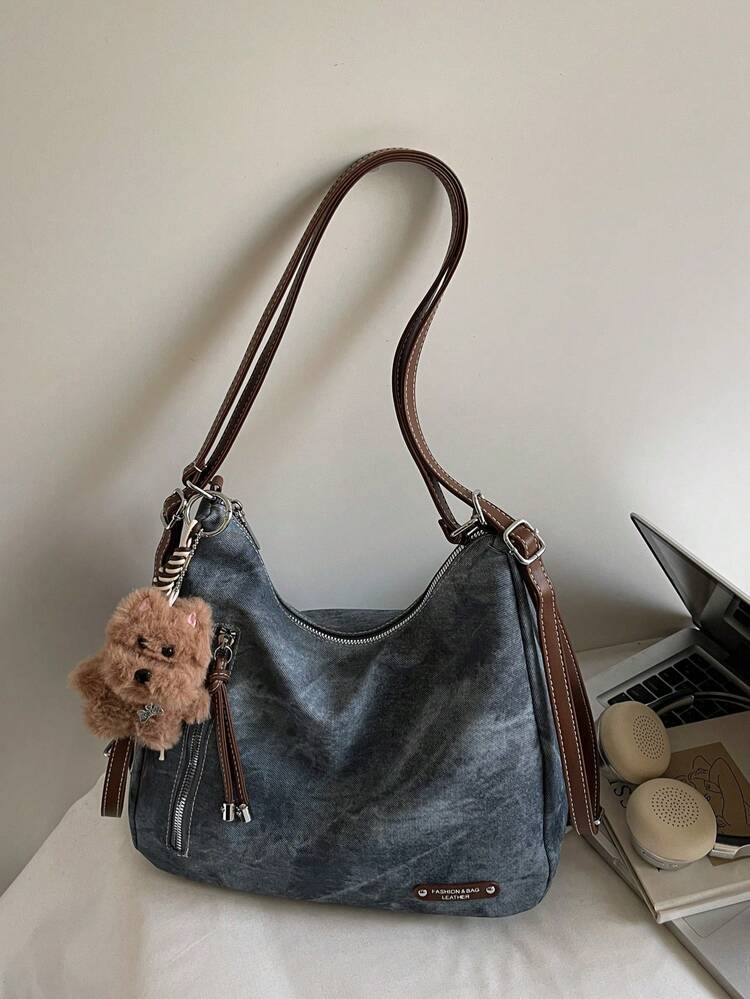 Merlard Retro 2025 Matte Texture Large Capacity Fashion Versatile Shoulder Bag, High-End Beach Bag, Tote Bag, Shopping Bag, Big Bag, Niche Texture Handbag, Zipper Dual Shoulder Strap Crossbody Bag - Blue - View 6