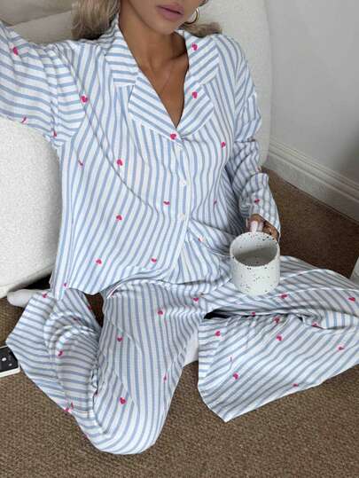 Nina Bonheur 2pcs Women Loose Comfortable Breathable Long Sleeve Top And Long Pants Pajama Set, Cute Home Wear, Fall & Winter Clothes