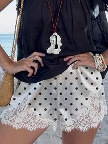 Women Y2k Satin Silk Lace Trim Shorts Polka Dot Lace Floral Patchwork Silky Slip Shorts Comfy Pajamas Bottoms Satin Pettipants French Knickers Casual Lounge Pj Silk Shorts - trắng - Xem 1