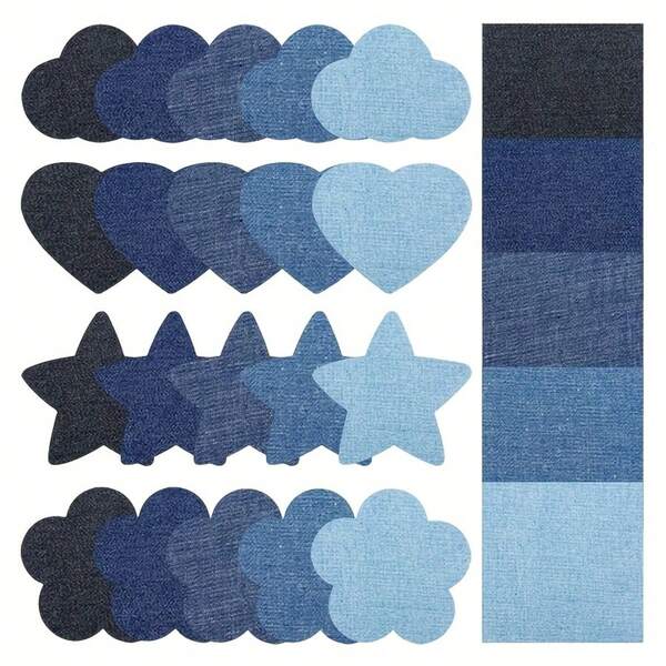 5 piezas Parches de hierro para jeans - 5 colores (tonos azules) con formas de corazón, estrella y nube - Adhesivo fuerte para reparación de jeans y decoración de ropa - Tela duradera para personalización DIY, parches de jeans, decoración de tela creativa, parches con formas divertidas, parches de fácil aplicación