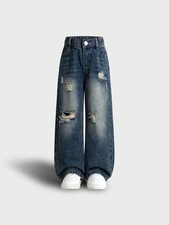 年轻女孩大胆街头风阔腿牛仔裤，多处做旧细节，弹性腰带，宽松版型，复古水洗，四季皆宜