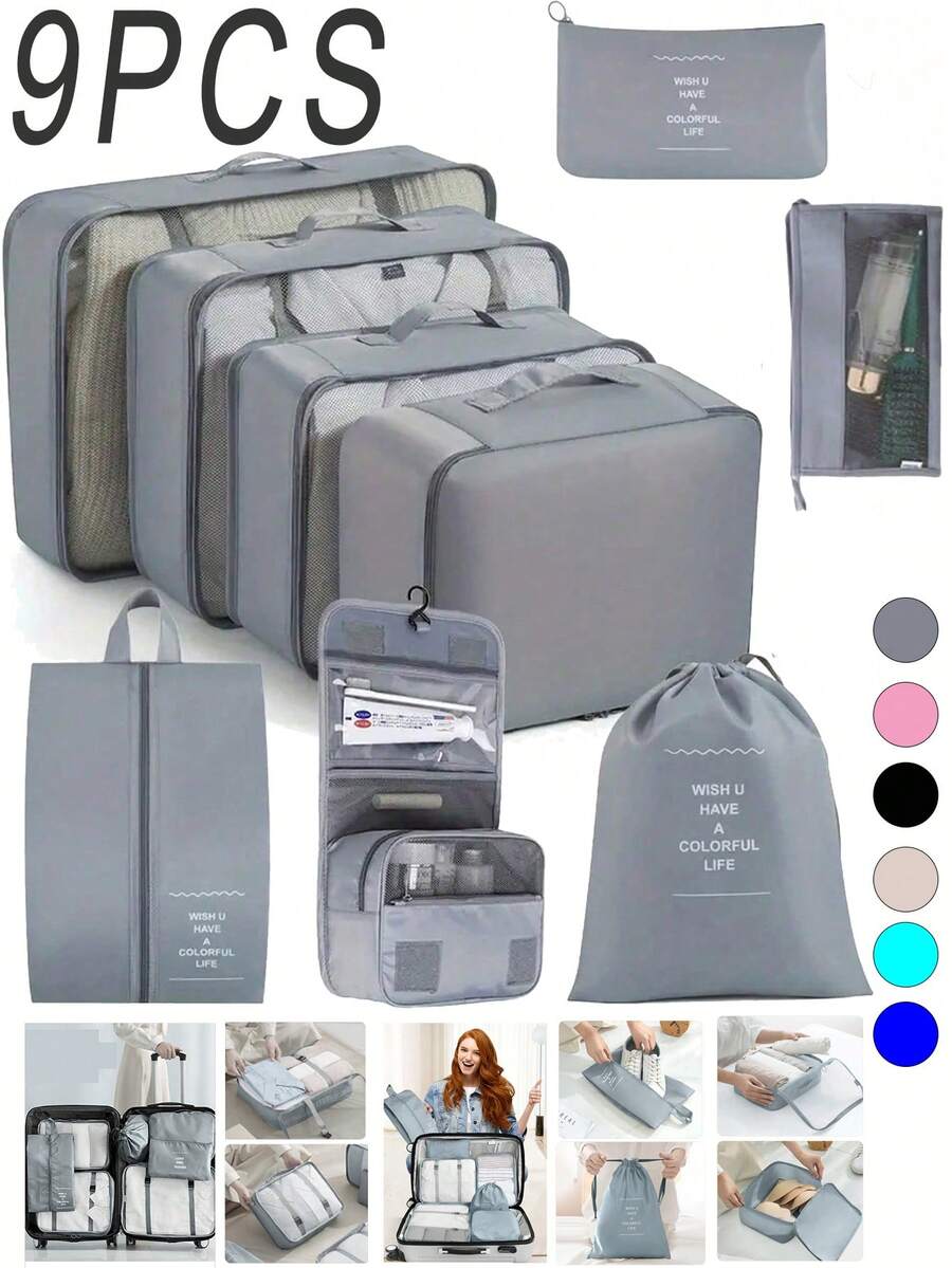 9pcs/Set Travel Luggage Organizer Set - Foldable Packing Cubes, Zipper Closure Storage Bags, Compression Pouches For Clothes, Shoes, Cosmetics, Underwear, Makeup, Accessories