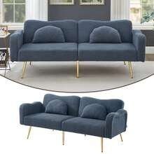 [Sleeping Function] Double Sofa Bed - Modern Two-Seater Sofa With Adjustable Backrest And Gold Metal Legs, Integrated Sleeping Function. 2-In-1 Multifunctional Furniture. - Blue-gray - View 12
