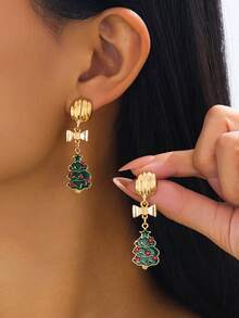 2 piezas Pendientes de árbol de Navidad de aleación de zinc y esmalte con efecto de goteo, adecuados para que las mujeres los usen durante la Navidad