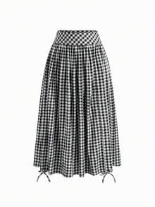 Versatile High Waist Plaid Drawstring Ruffle Hem Long Skirt