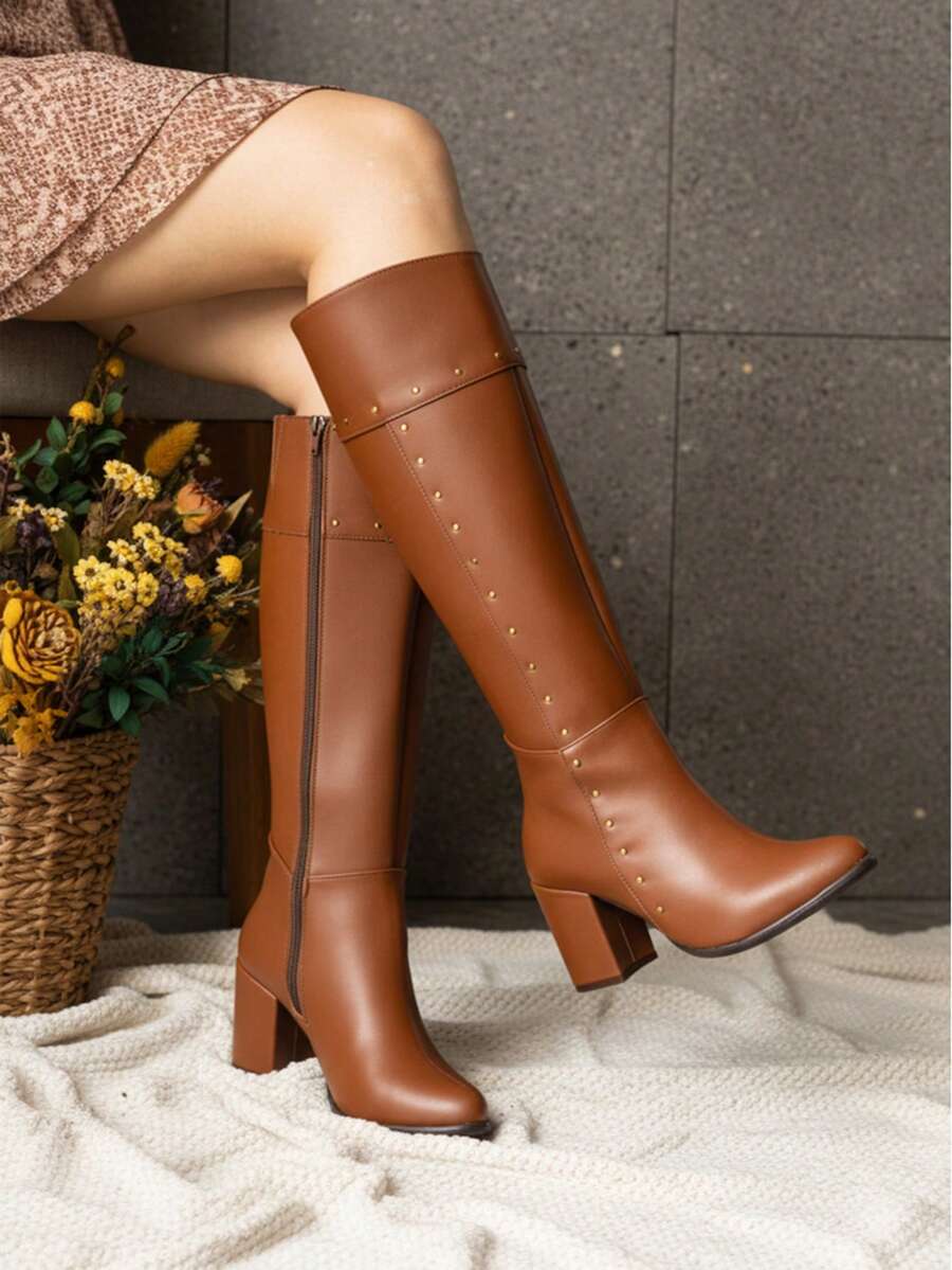 Botas elegantes de media caña clásicas con remaches de tacón bajo para el día a día, la oficina y para un evento especial cómodas y resistentes con tacón antideslizante - Camel - View 1