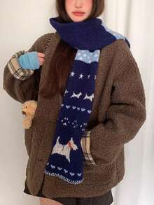 1pc Christmas Snowy Navy Blue Puppy Knit Scarf For Women Autumn/Winter Cute Shopping Vibes Versatile & Warm Student Neckwarmer