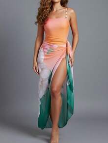 2pcs Ombre Bohemian Knotted Ruffle/Flounce Trim Swimwear, Vacation Beach Wear, Summer - Multicolor - View 2