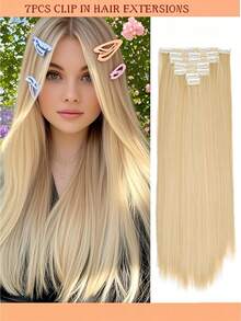 Extensii de păr sintetice lungi și drepte cu clips, 22 inch, 16 clipsuri, 220 g, clipsuri în perucă pentru temperaturi ridicate, pentru femei - Multicolor - Vizualizare 17