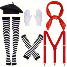 9pcs Women's French Pantomime Performer Outfit And Accessories Set - Party Style Polyester Fiber Pantomime Costume, Equipped With A Beret, Adjustable Red Straps, Striped Arm Sleeves, High Socks, Scarf And White Gloves, Suitable For Halloween Costume