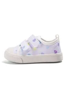 1 par de zapatillas de lona de color púrpura de estilo minimalista y fresco para niñas pequeñas con estampado de corazones de colores, cierre de dobleo, punta redonda y suela plana, cómodas y transpirables, adecuadas para asistir a la escuela diaria, actividades de jardín de infantes, compras entre padres e hijos y fiestas de cumpleaños