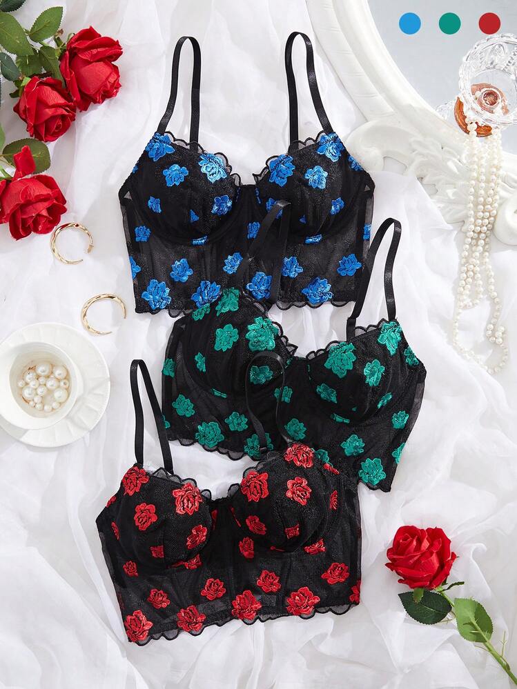 3 Pieces Set, Rose Embroidered Bra, Comfortable And Close-Fitting Bra That Can Be Worn As An Outerwear,Sexy Lingerie - Multicolor - View 3