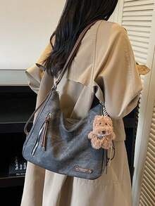 Túi đeo vai thời trang đa năng Merlard Retro 2025 họa tiết mờ, dung tích lớn, túi đi biển cao cấp, túi tote, túi mua sắm, túi lớn, túi xách họa tiết ngách, túi đeo chéo có dây kéo kép - màu đen - Xem 5