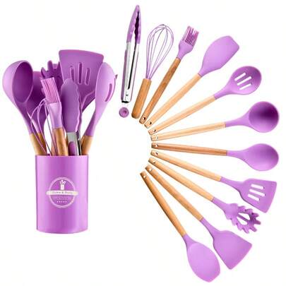 12 pezzi Set di utensili da cucina in silicone con manico in legno, resistente al calore, comprende mestolo per minestra, spatola, set da forno con raschietto, forchetta per pasta, contenitore portaoggetti