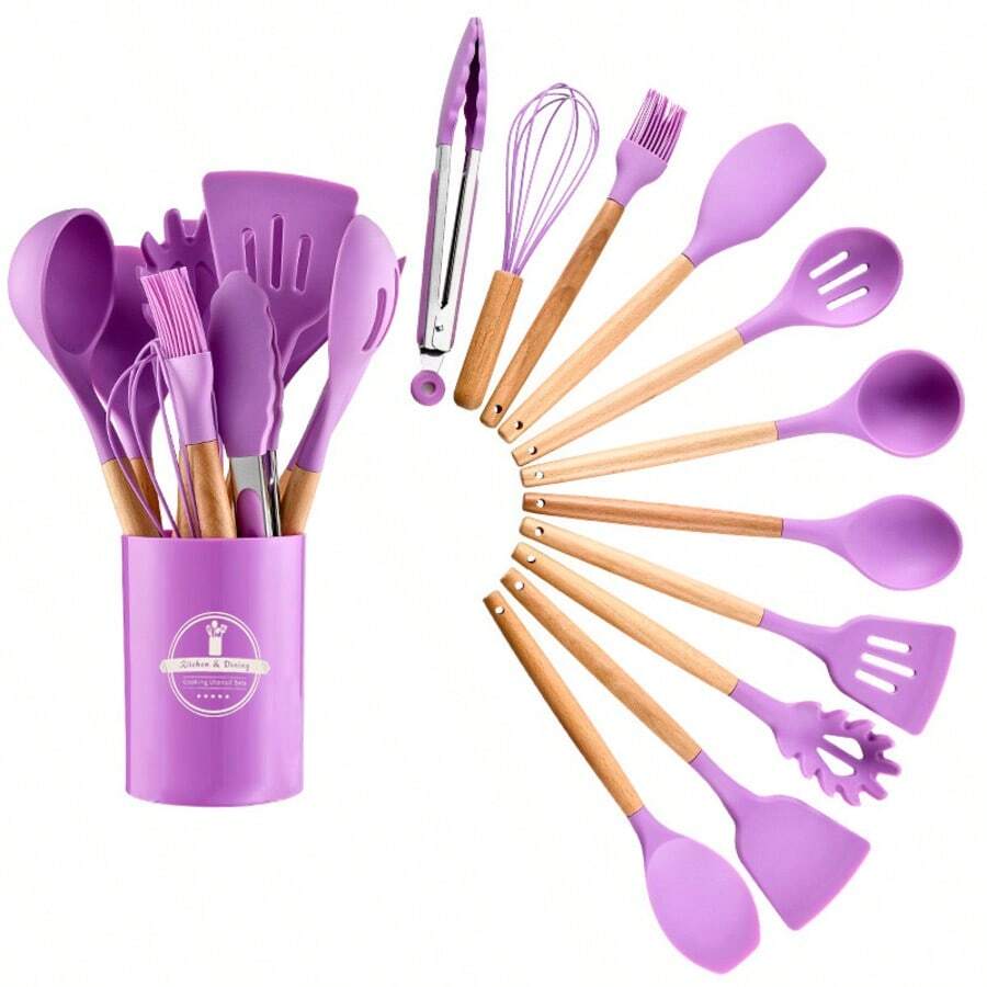 12 piezas Juego de utensilios de cocina de silicona con mango de madera multiusos, cucharón de sopa resistente al calor, espátula, juego de hornear con raspador, tenedor para pasta, recipiente de almacenamiento - Multicolor - Ver 1
