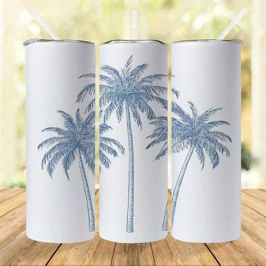 20oz Stainless Steel Insulated Water Bottle Tumbler With Lid & Straw - Palm Trees Tropical Blue Sketch Design, Reusable Party Cup For Coffee, Tea, Cold Drinks, Perfect Gift For Birthdays, Holidays, And Special Occasions, Best For Christmas,Halloween - 1PC - View 1