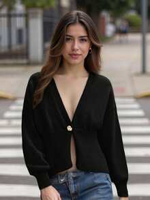 Women's Autumn Sweater Cardigan Long Sleeve V Neck One Button Solid Color Knitwear - Black - View 4