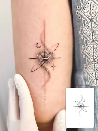 1 pezzo di adesivo tatuaggio temporaneo in materiale PVC impermeabile e anti-sudore, con semplice design di esplosione cosmica di stile Ins, con motivi di stelle, luna e galassia, tatuaggio impermeabile semi-permanente