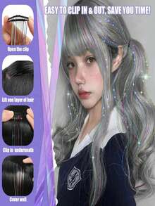 12件装闪亮发饰夹，20英寸闪光发饰接发片，夹式合成假发，发饰套装，耐热闪亮仙女发饰，适合女性和女孩日常佩戴、派对和万圣节，爪夹、发爪、发夹、发卡 - 彩色 - 查看 6