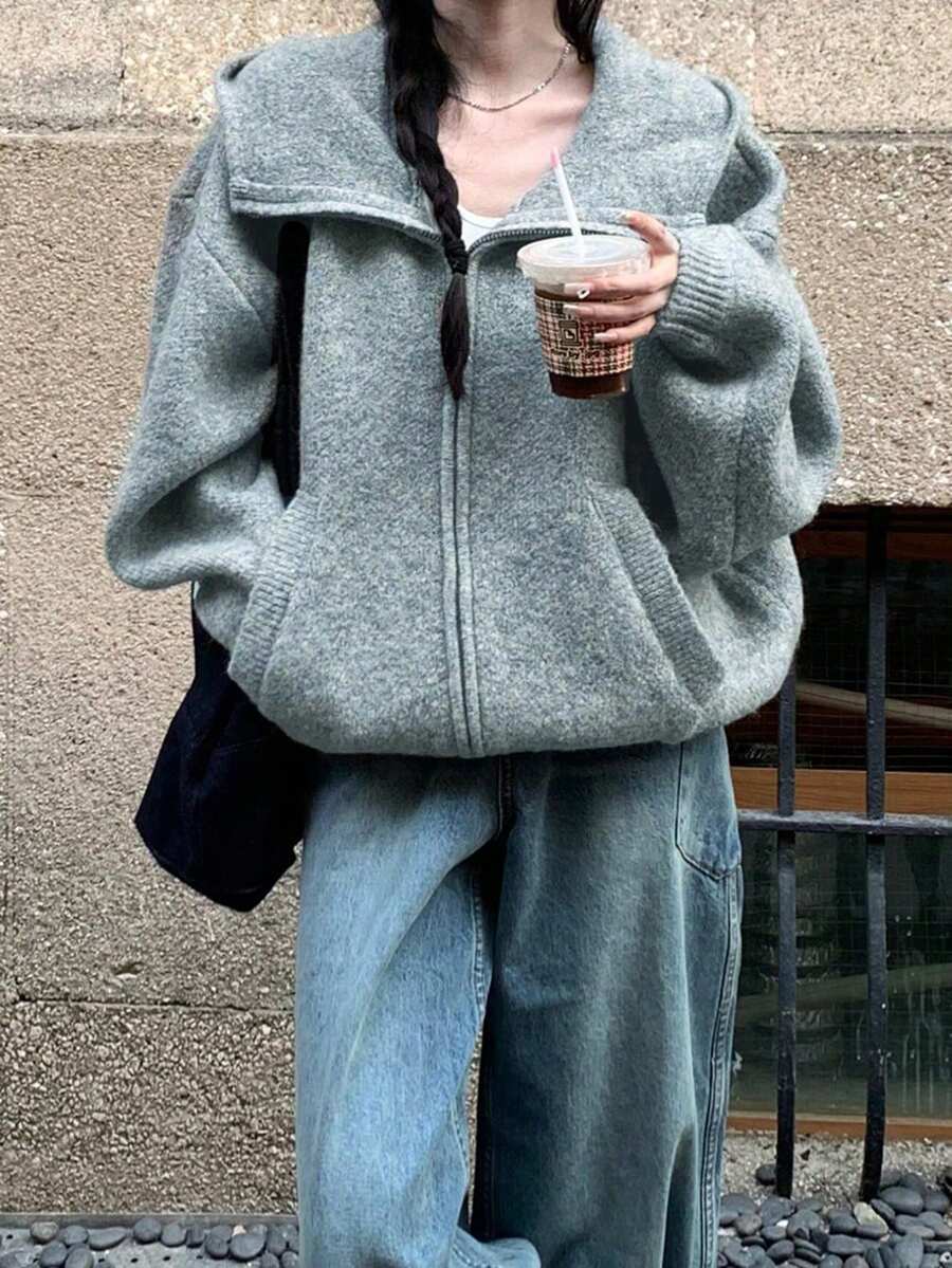 Áo khoác len cardigan trùm đầu, hàng mới về mùa thu, áo khoác len dáng rộng cao cấp, phong cách thoải mái, nhỏ nhắn dành cho nữ - Xám - Xem 1