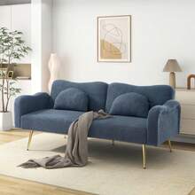 [Sleeping Function] Double Sofa Bed - Modern Two-Seater Sofa With Adjustable Backrest And Gold Metal Legs, Integrated Sleeping Function. 2-In-1 Multifunctional Furniture. - Blue-gray - View 8