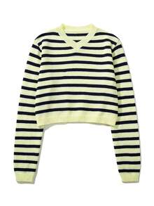 New Spring Autumn Winter Women's Minimalist Striped Color-Block Bee Design Slimming Versatile Retro Fashion Knit Sweater Top And Shorts Set - Yellow - View 9