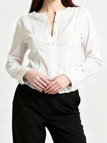 Women's Autumn Striped Tops Long Sleeve Round Neck Ruffle Trim Hem Casual Button Up Shirts - White - View 2