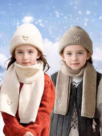 2 件套保暖帽和围巾套装，可爱韩式针织帽，卡通时尚百搭男女通用帽子，适合户外活动、休闲装、节日、时尚儿童服装