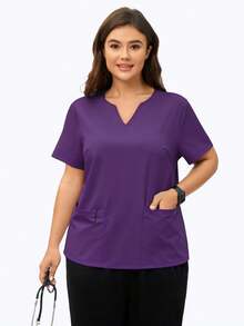 cimmuovere Plus Size Women's Round Neck Cutout Short Sleeve Double Pocket Solid Color Scrubs Nurse Scrubs Workwear Dentist Healthcare Pet Hospital Laboratory Top - Purple - View 5
