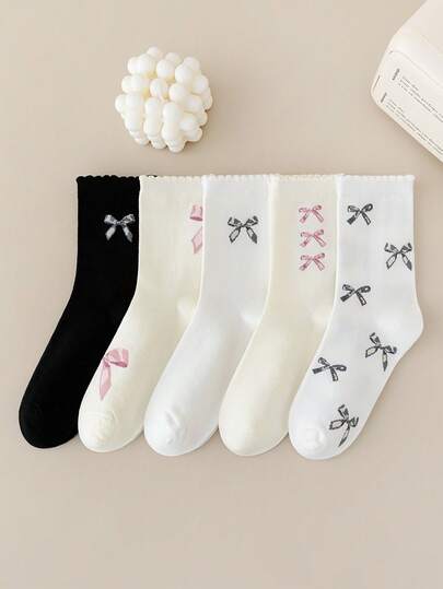 5 Pairs Women's Bow Decor Mid-Calf Socks, Solid Color Fashionable Casual Autumn/Winter Socks, Cute & Stylish